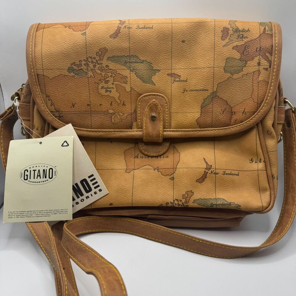 VTG Gitano Womens Tan Brown World Map Shoulder Bag Purse Earthy Explorer Boho